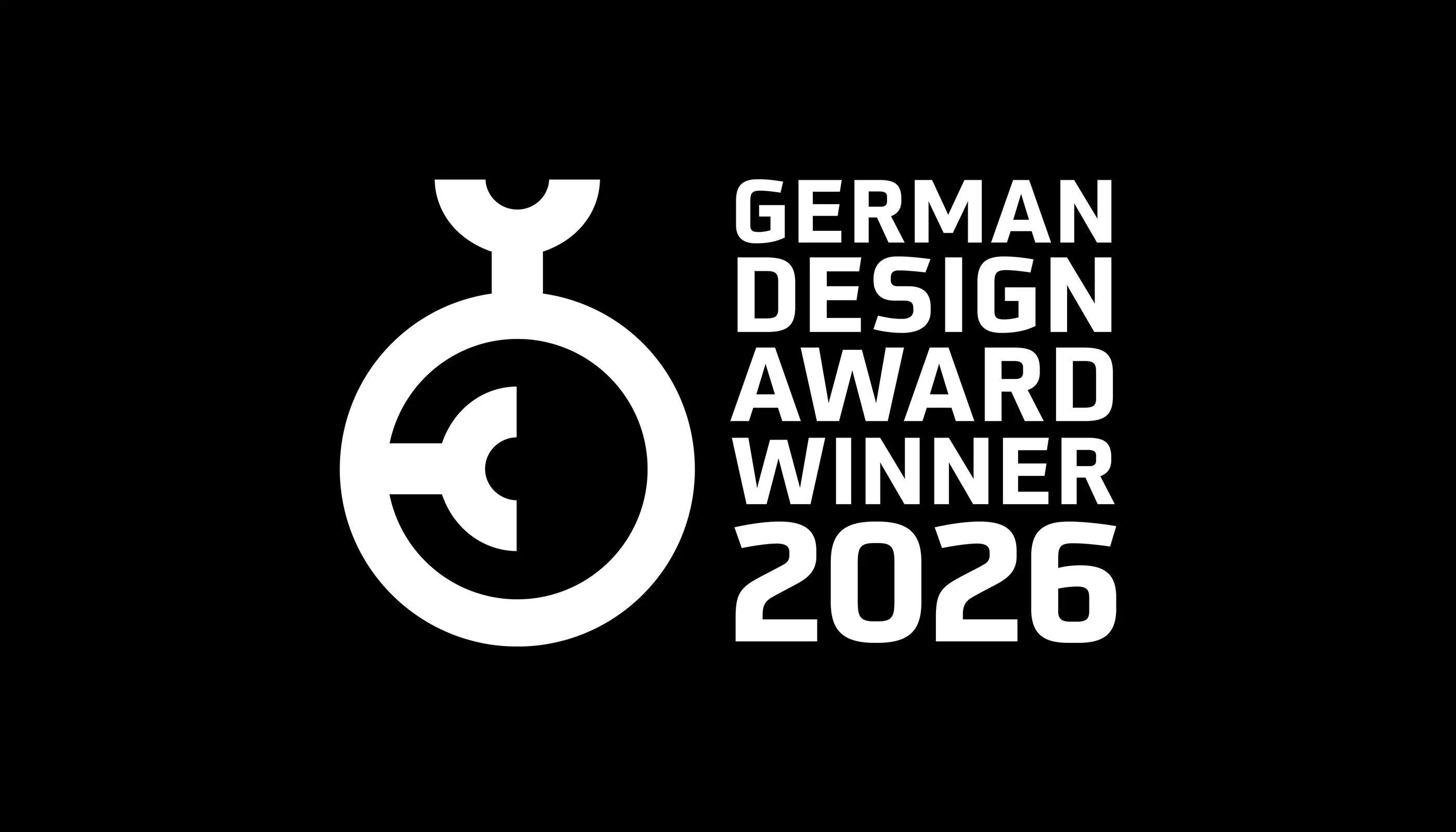 Logo and text stating German Design Award Winner 2026 on black background.