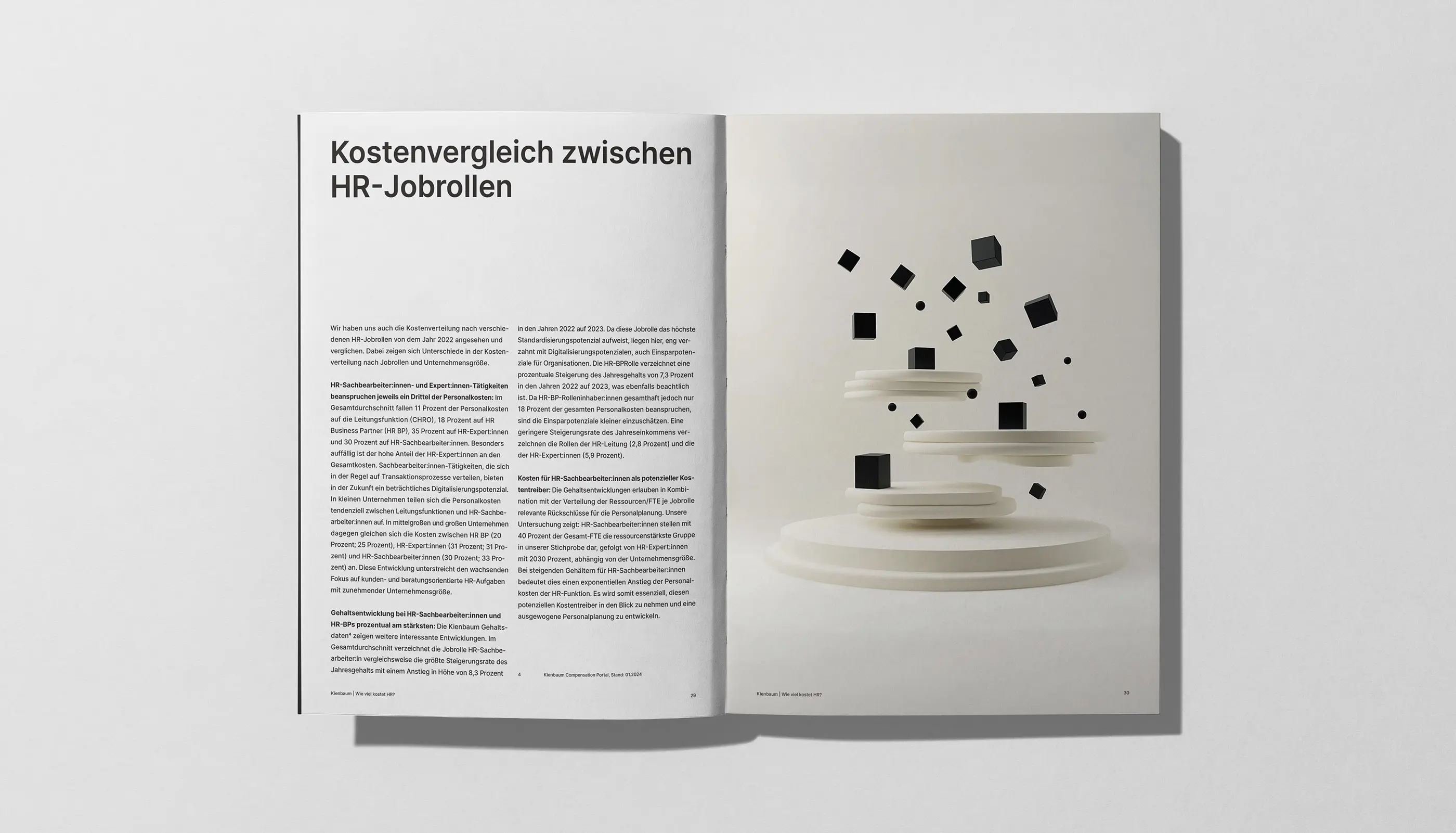 Open magazine spread with a German article titled 'Kostenvergleich zwischen HR-Jobrollen' on the left page and a 3D abstract illustration of floating black cubes above white circular platforms on the right page.