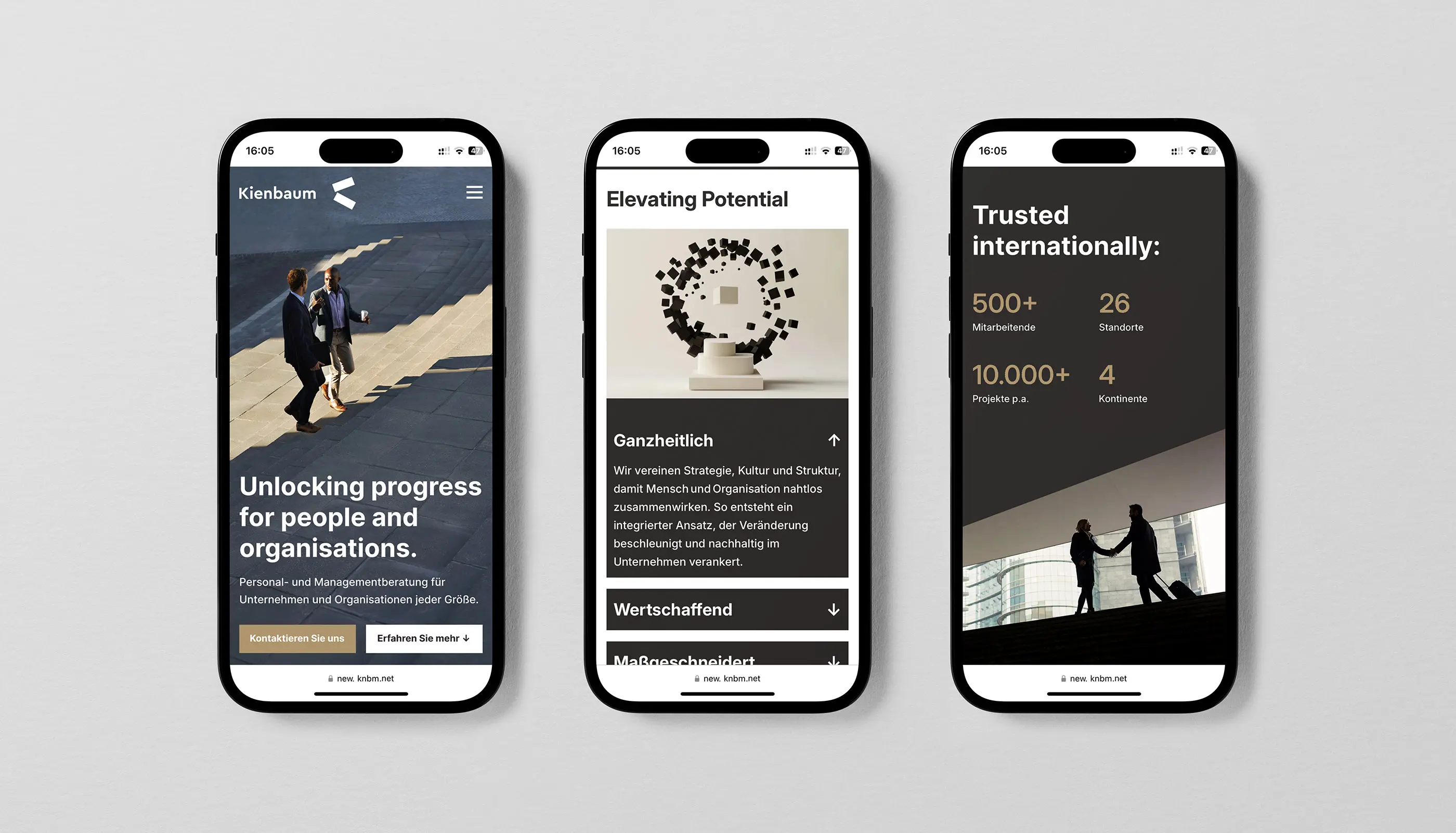 Three smartphones displaying a consulting firm's website with sections titled Unlocking progress, Elevating Potential, and Trusted internationally with statistics and business imagery.
