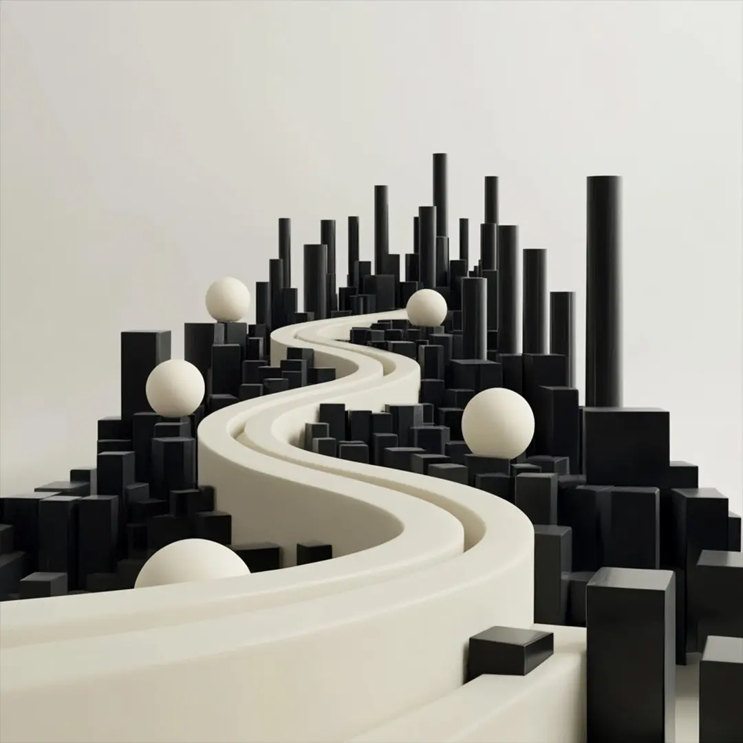Abstract 3D design featuring a winding white path through scattered black rectangular and cylindrical blocks with white spheres placed among them.
