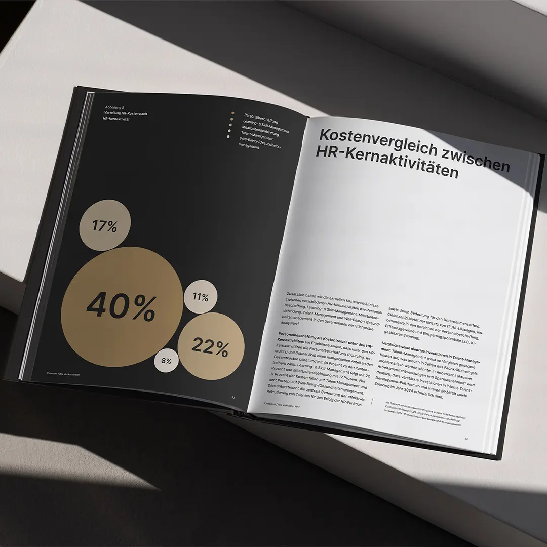 Open book showing a German HR cost comparison chart with beige circles indicating percentages and detailed text on HR core activities.