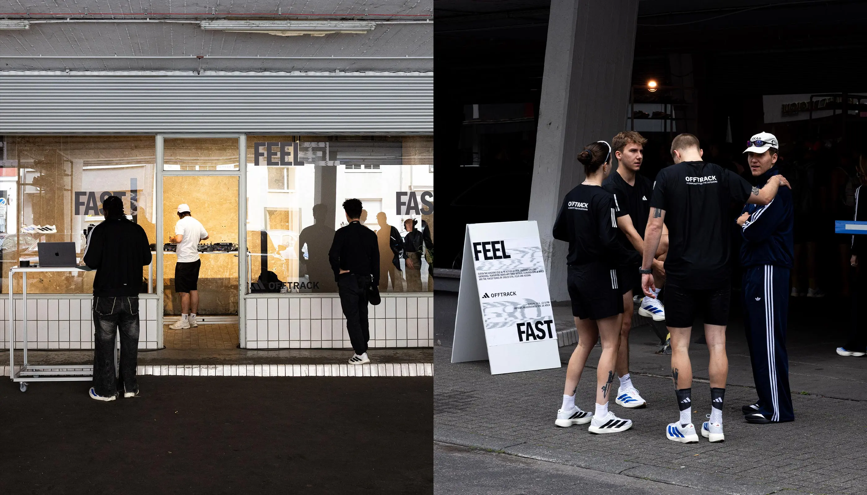 People dressed in black and white athletic clothing gather outside and inside a building with large windows and a sign reading 'FEEL FAST' promoting Offtrack and Adidas shoes.