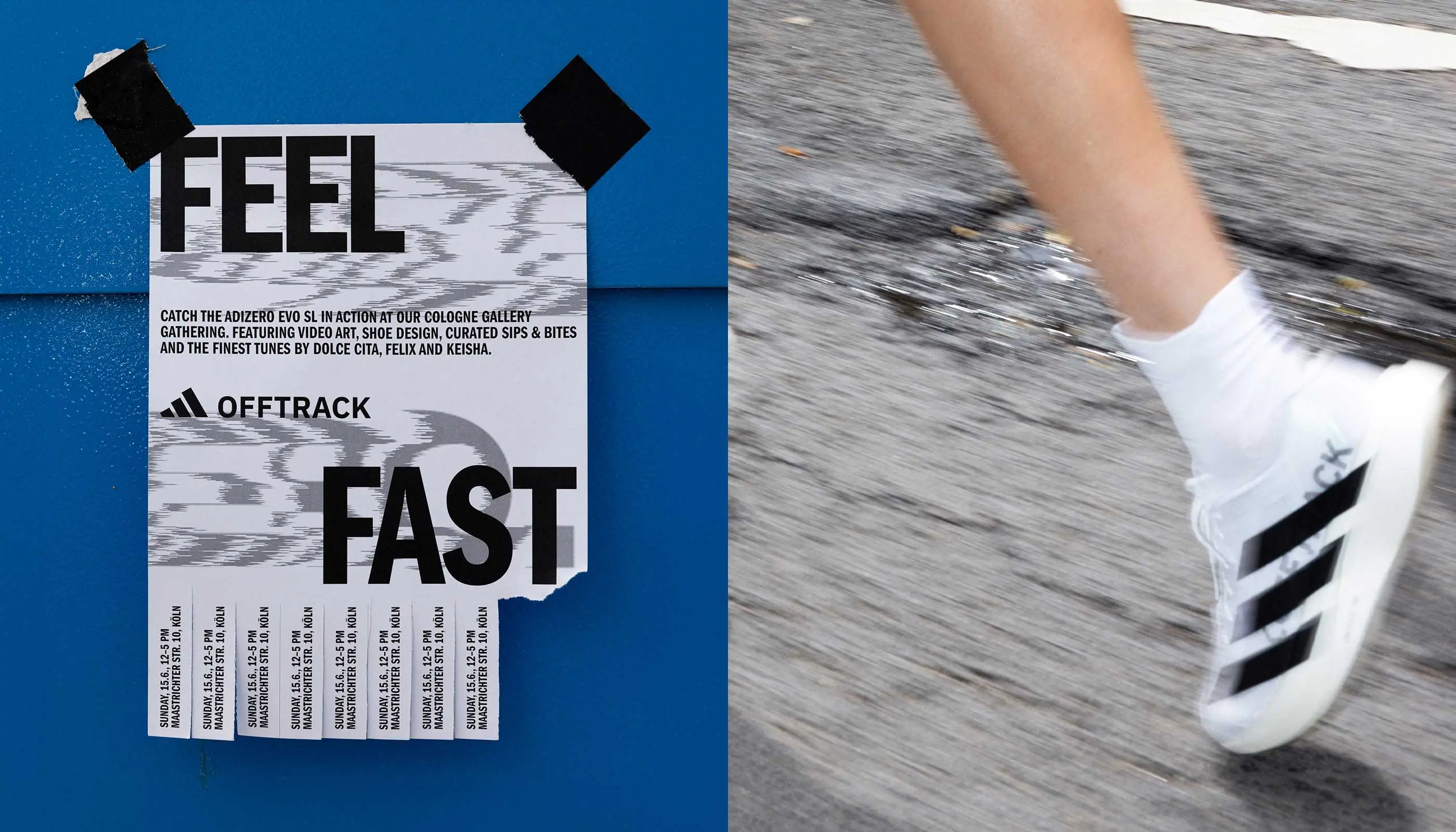 White adidas running shoe with black stripes worn by a person running on pavement next to a blue wall with a torn flyer reading 'FEEL FAST'.