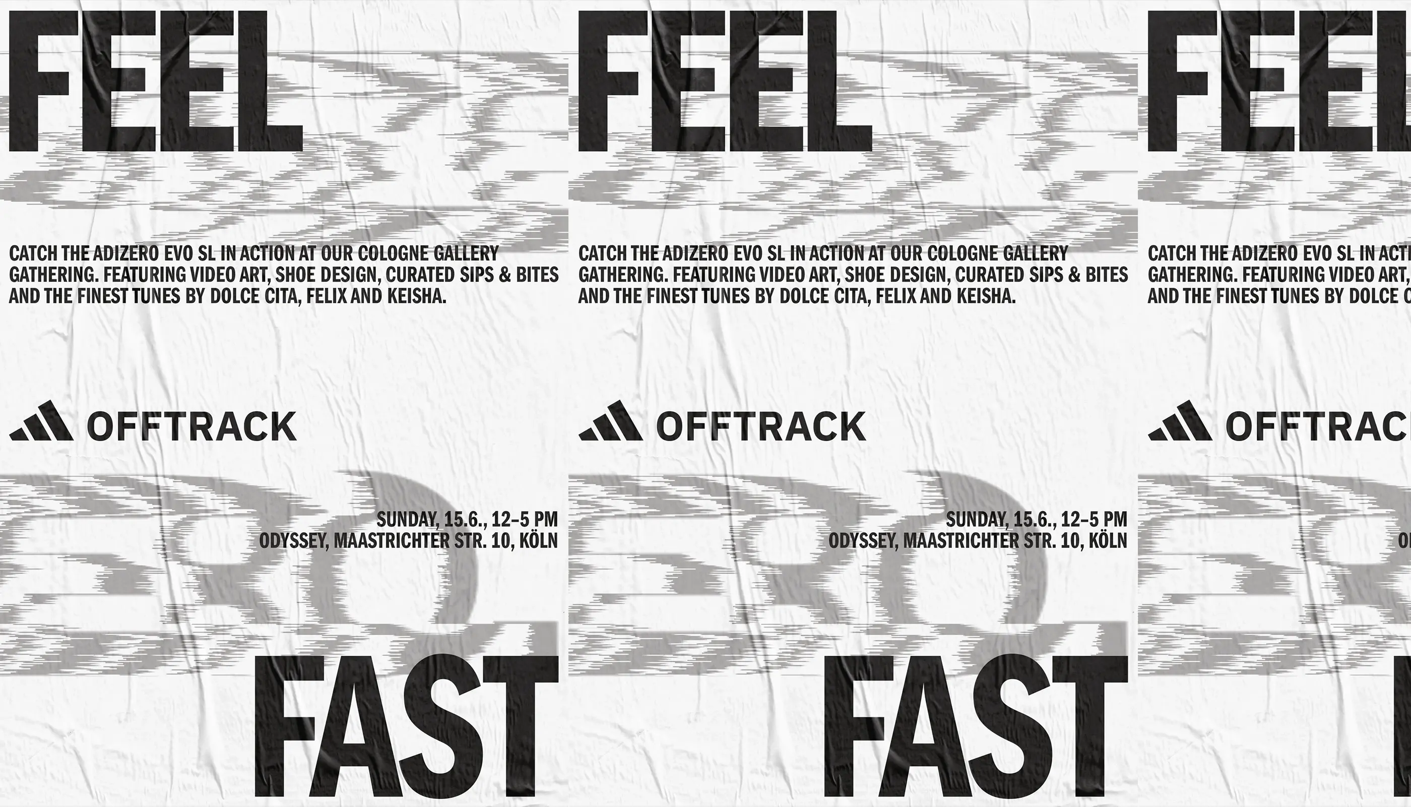 Event poster for Adidas Offtrack featuring Adizero Evo SL with details for a gallery gathering in Cologne on Sunday, June 15, from 12 to 5 PM at Odyssey, Maastrichter Str. 10.