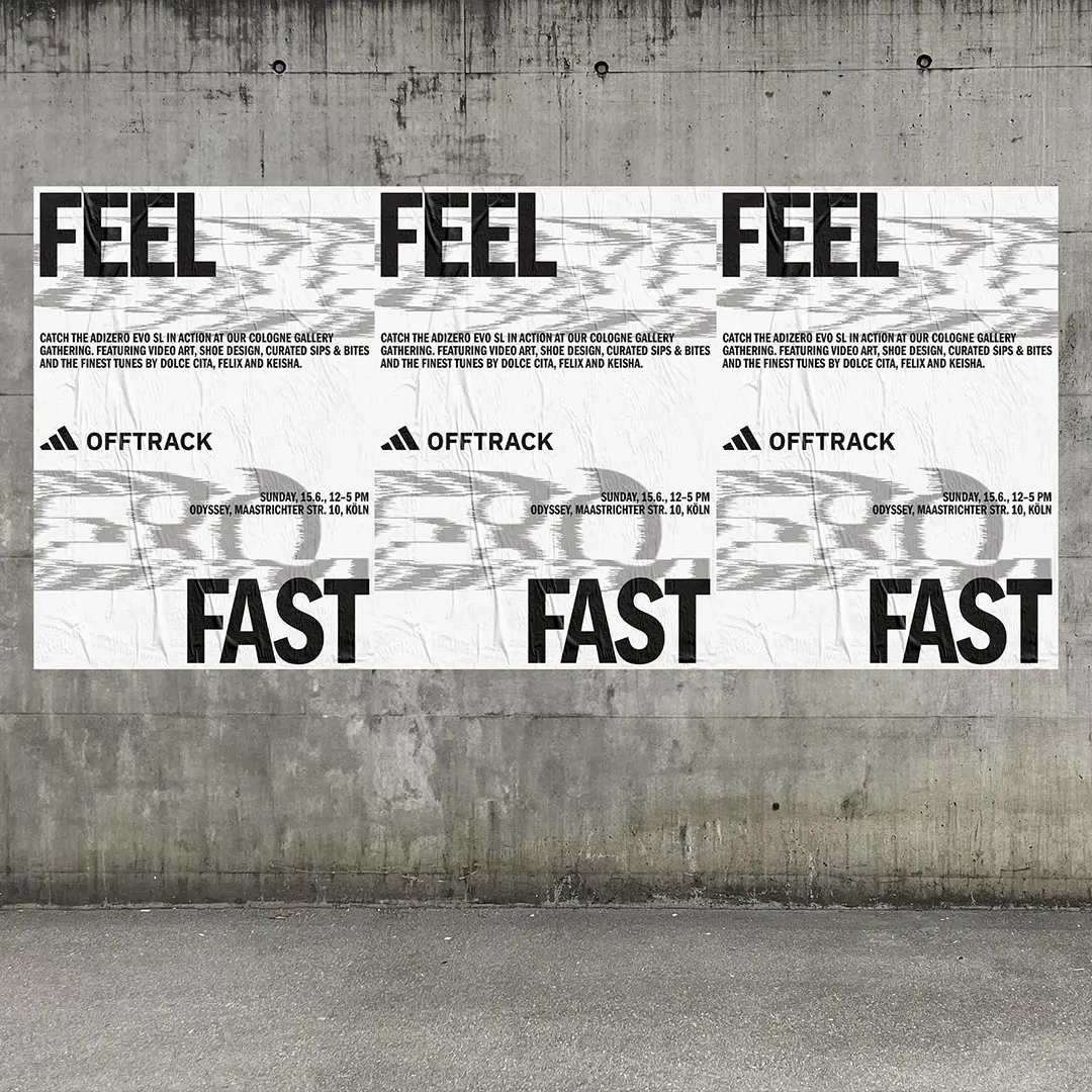 Three identical posters on a concrete wall, each with the text 'FEEL FAST' and event details for an Adidas Offtrack gathering in Cologne.