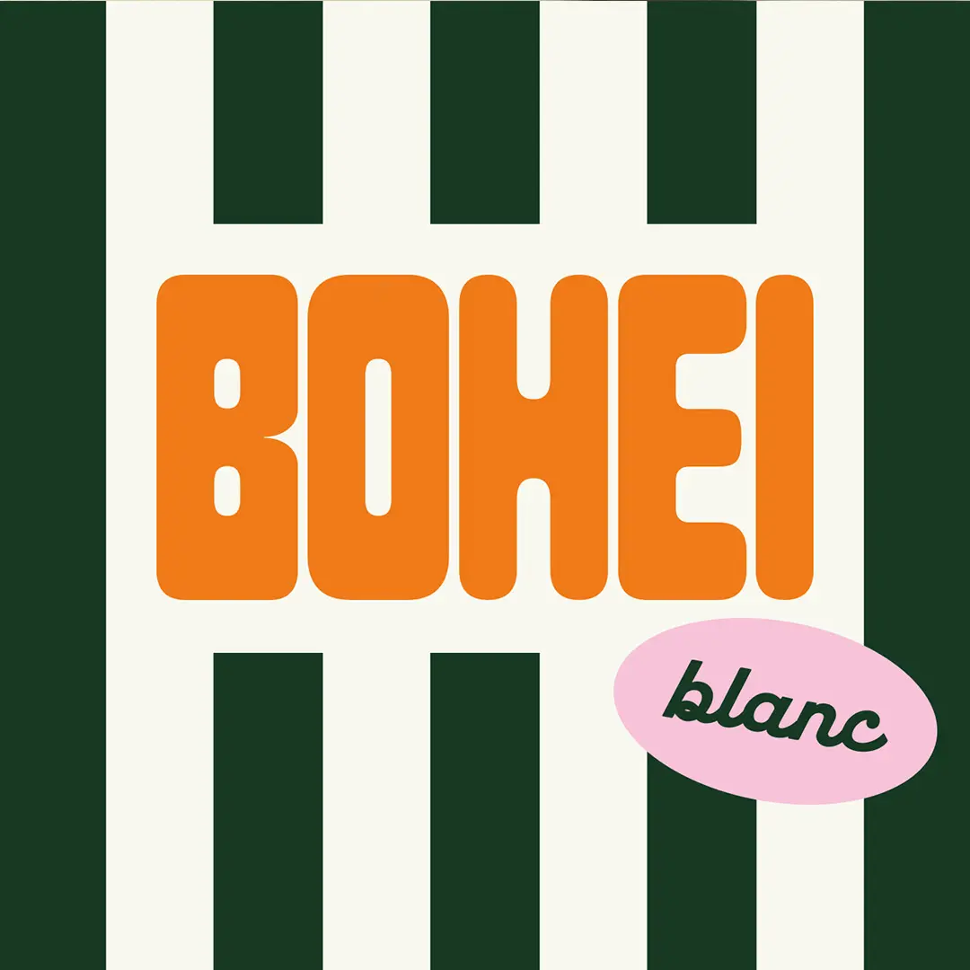 Logo with bold orange text saying BOHEI and a pink oval containing the word blanc on a green and cream striped background.