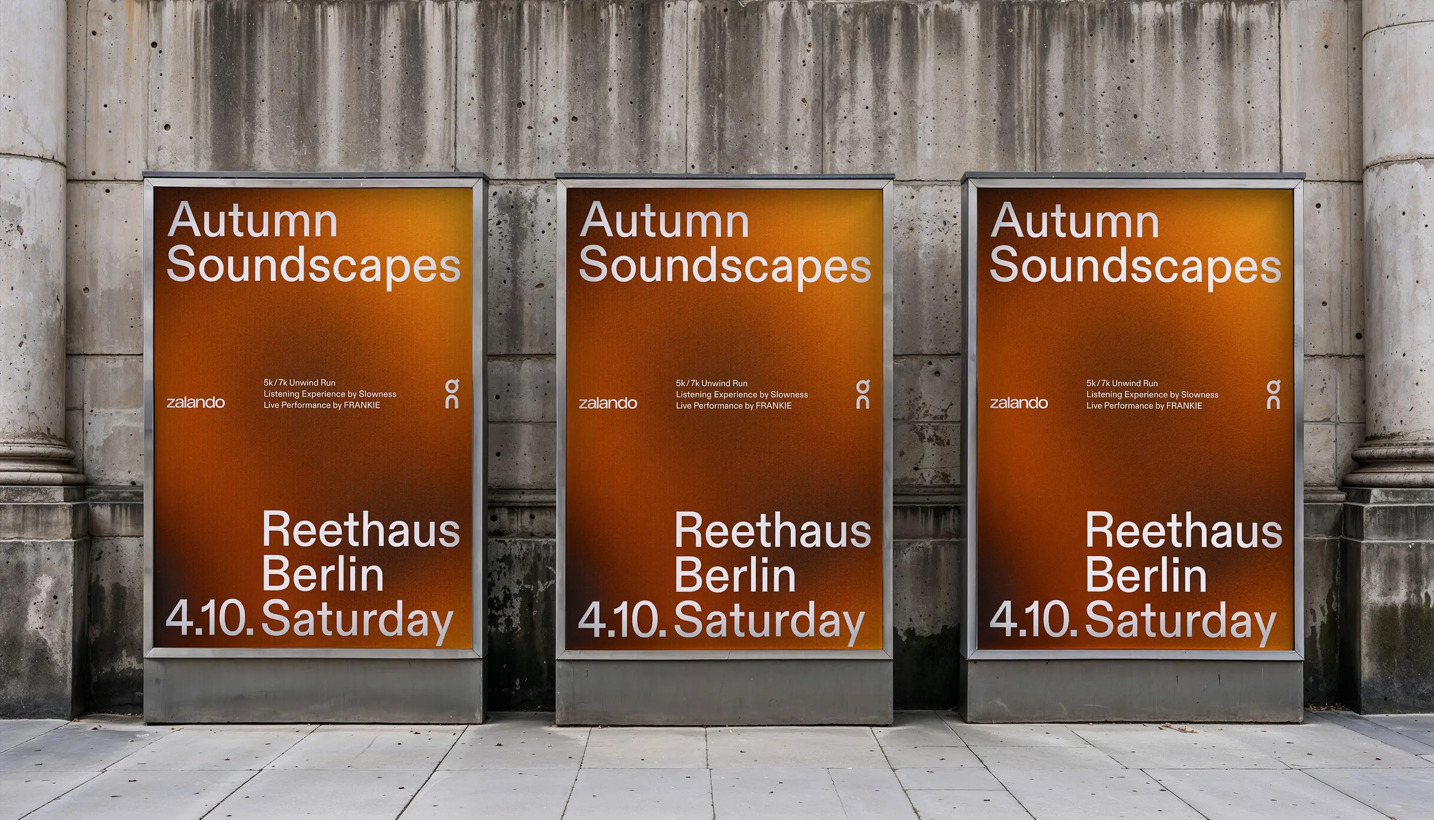 Three identical posters on a stone wall advertising Autumn Soundscapes event at Reethaus Berlin on Saturday, October 4th.