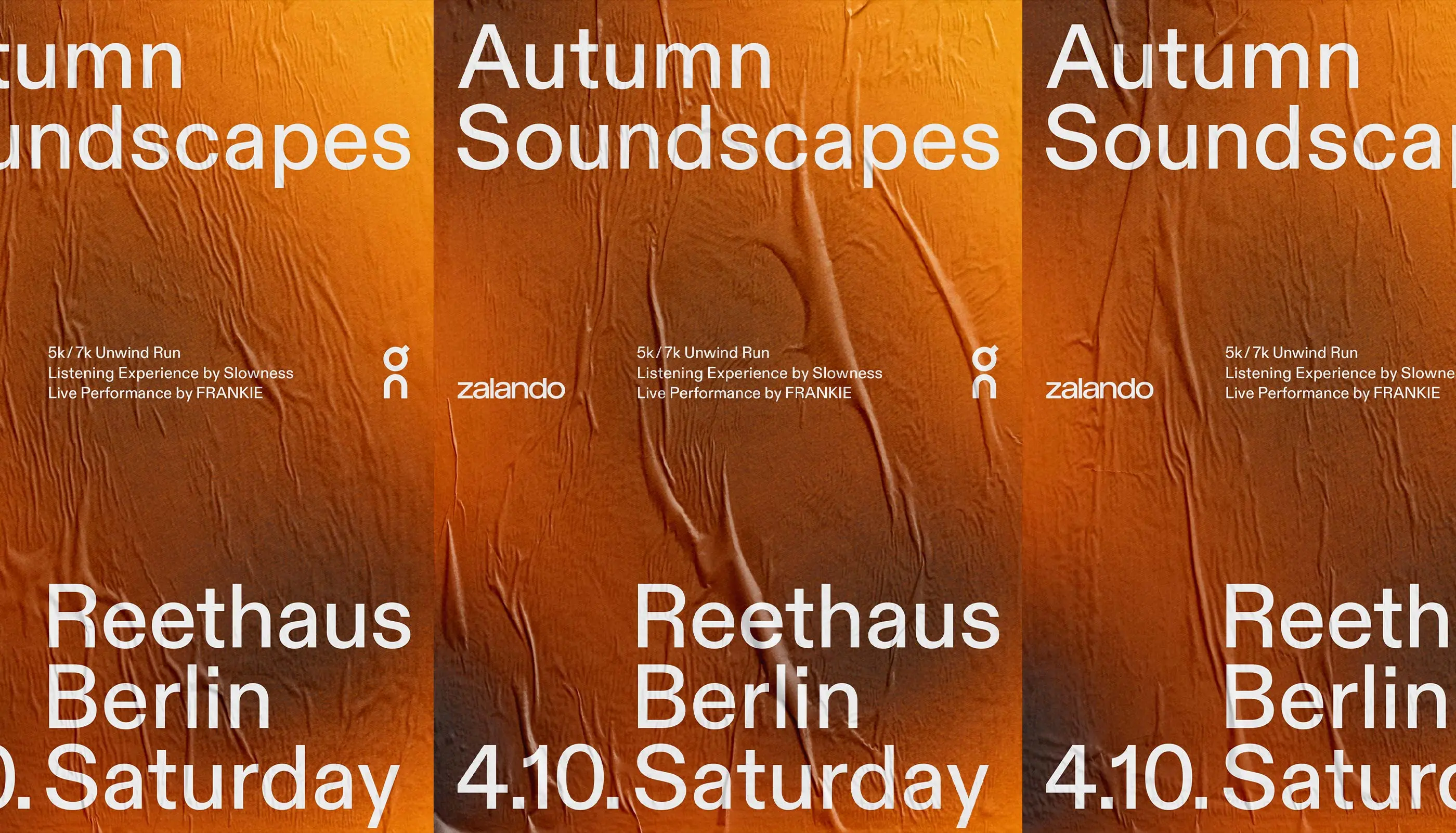 Event poster with orange textured background advertising 'Autumn Soundscapes' at Reethaus Berlin on Saturday, October 4th, featuring a 5k/7k Unwind Run and live performance by FRANKIE.