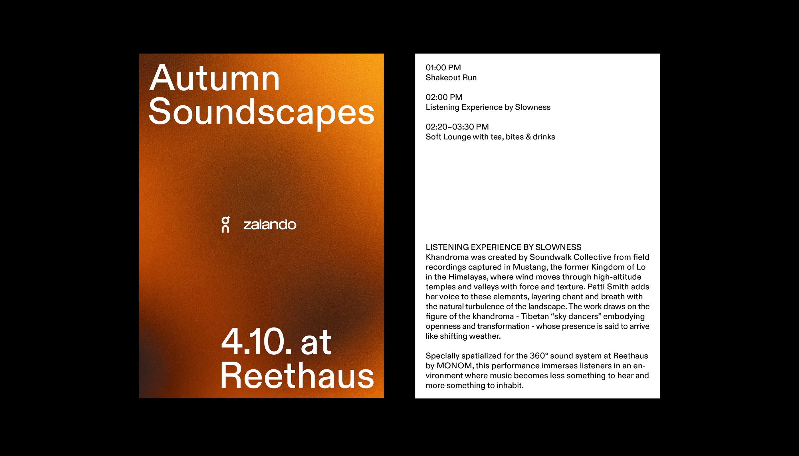 Event poster for Autumn Soundscapes on 4.10 at Reethaus with schedule and description of Listening Experience by Slowness.