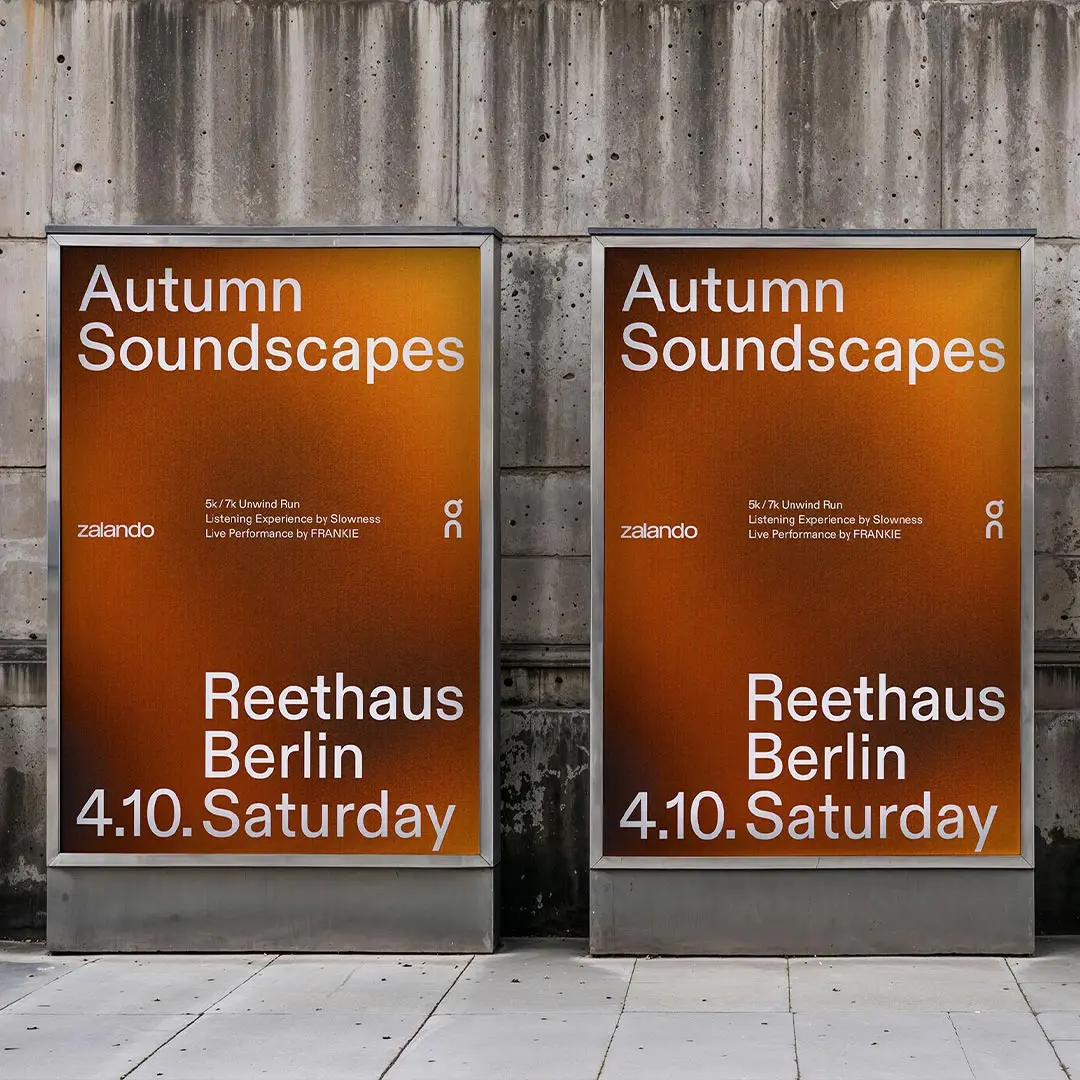 Two identical posters on concrete wall announcing 'Autumn Soundscapes' event at Reethaus Berlin on Saturday, 4.10, with a 5k/7k Unwind Run, listening experience by Slowness, and live performance by FRANKIE.