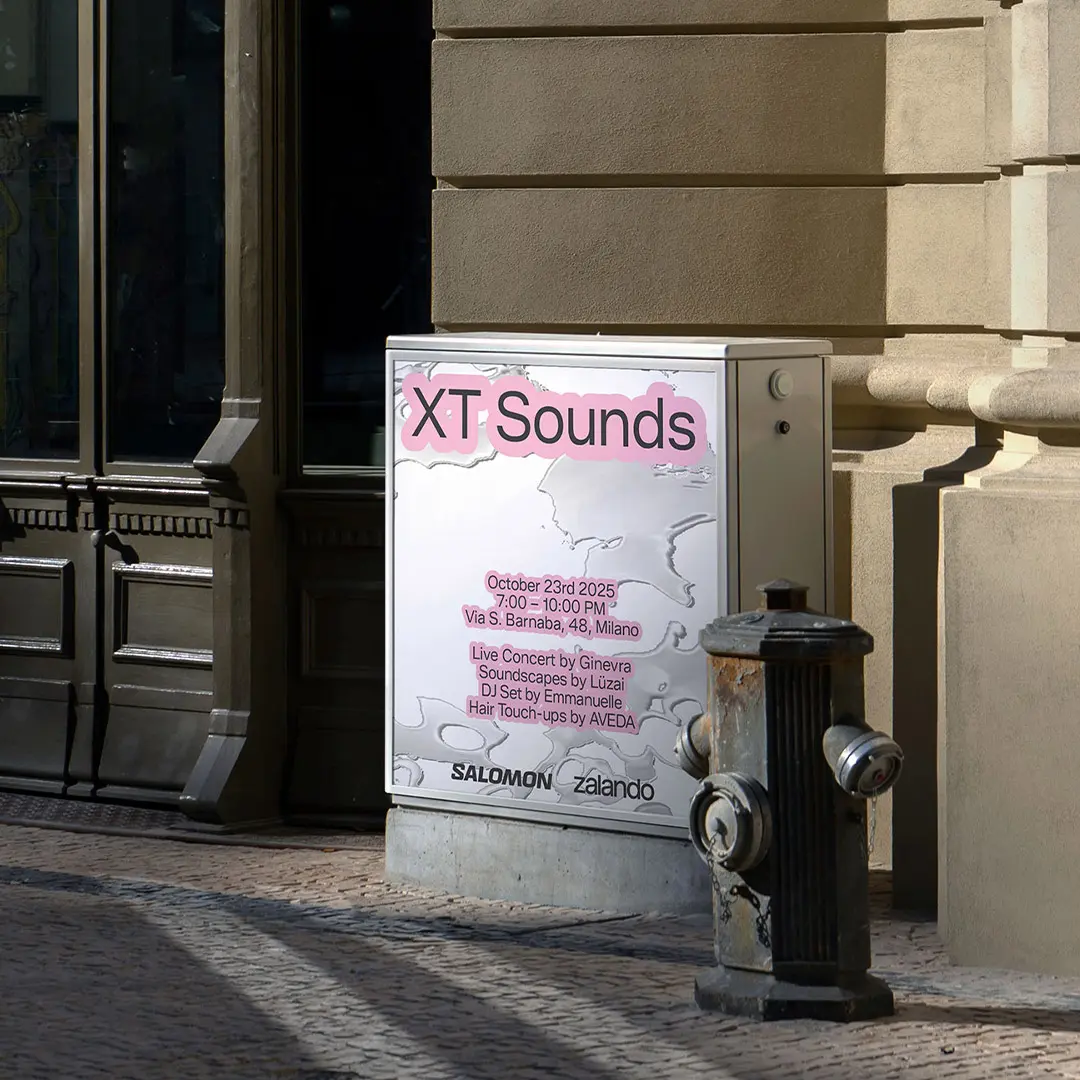 Street poster advertising XT Sounds live concert event on October 23rd, 2025, at Via S. Barnaba 48, Milano, featuring live music, soundscapes, a DJ set, and hair touch-ups.