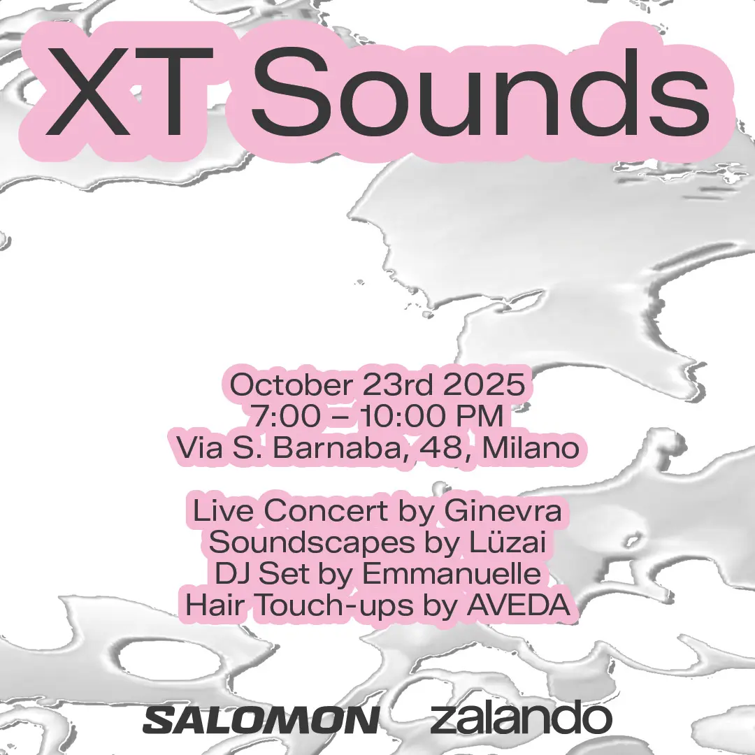 Event poster for XT Sounds on October 23rd 2025, 7:00-10:00 PM at Via S. Barnaba, 48, Milano, featuring live concert by Ginevra, soundscapes by Lüzai, DJ set by Emmanuelle, and hair touch-ups by AVEDA, with Salomon and Zalando logos.
