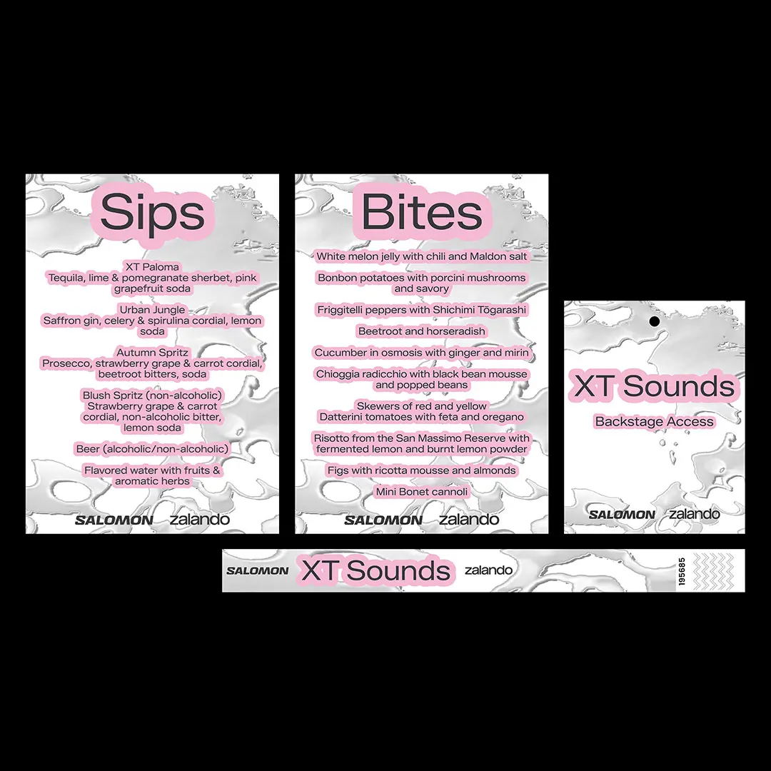 Menu with sections for Sips, Bites, and XT Sounds Backstage Access, listing cocktails, snacks with ingredients, and access wristband details from Salomon and Zalando.