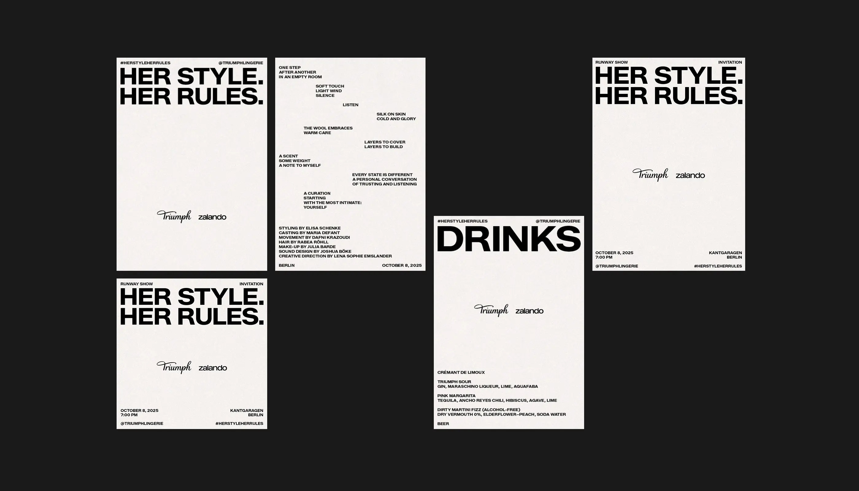 Five white text panels on black background promoting 'HER STYLE. HER RULES.' event by Triumph and Zalando in Berlin on October 8, 2025, including details on styling, credits, and drinks menu.